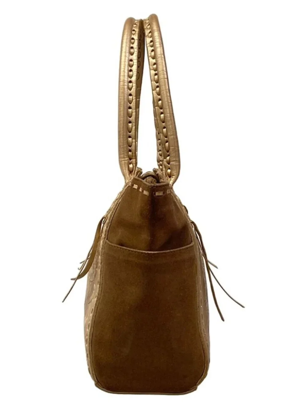 Carving Tribes Gold Brown Leather Suede Tote Bag